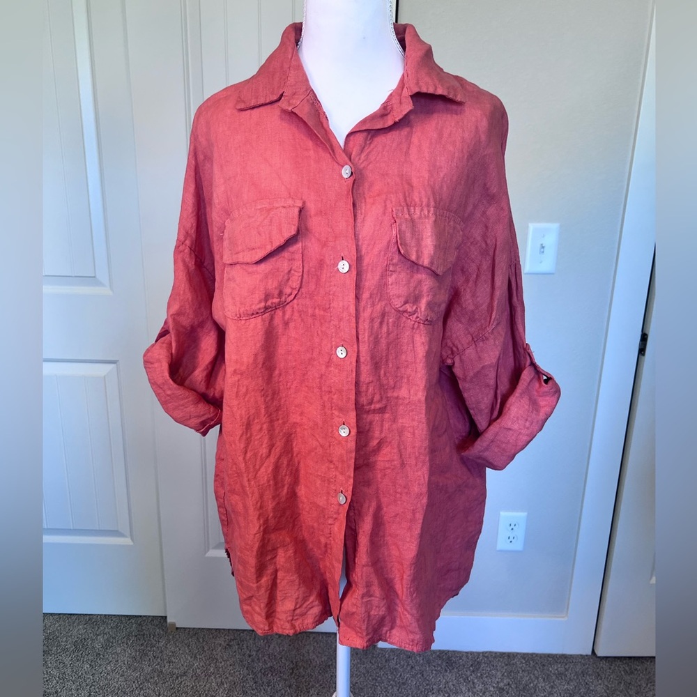 Linen Made in Italy Lightweight Button-Front Shirt Roll up Sleeve Tab PTP 22”